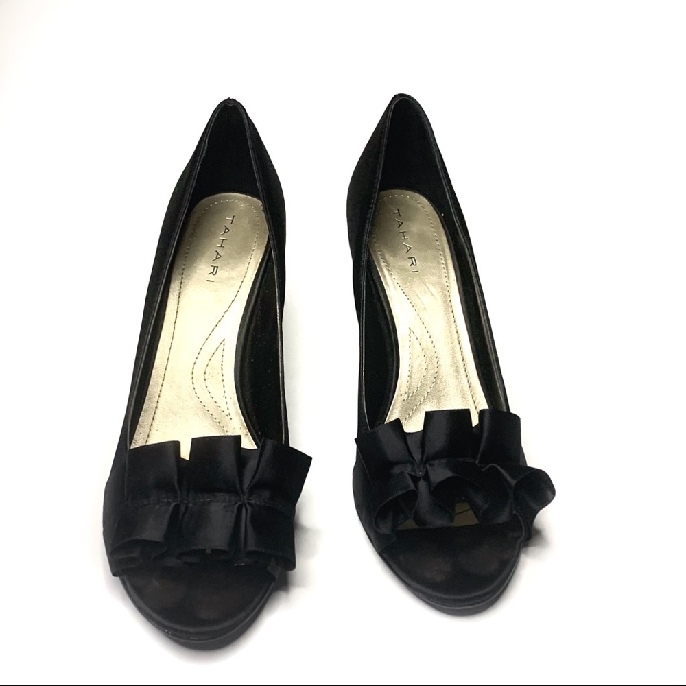 Tahari Black Sloan Satin Ruffle Peep Toe Heels Pumps